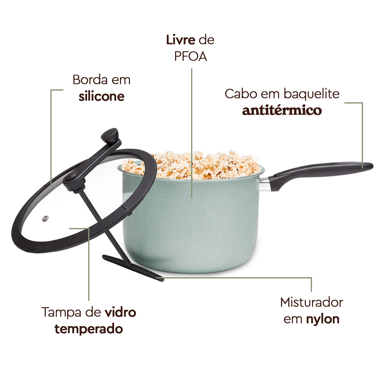 Pipoqueira Brinox Pic Poc Antiaderente Ceramic Life 5,5 Litros Ø22cm Verde - Imagem 8