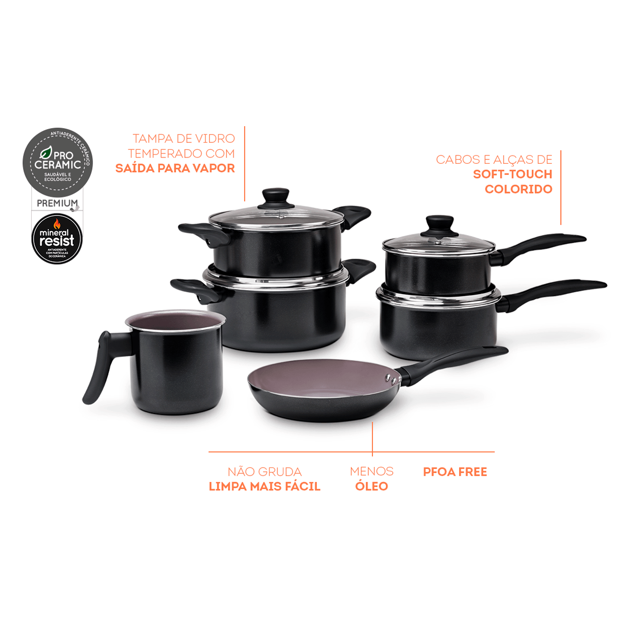 Jogo de Panelas Brinox Antiaderente Ceramic Life 6 Peças Tulip Preto - Imagem 2