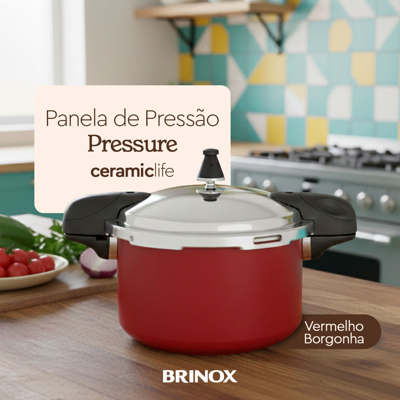Panela de Pressão Indução Brinox Pressure Antiaderente Ceramic Life 5,4 Litros Borgonha - Imagem 2