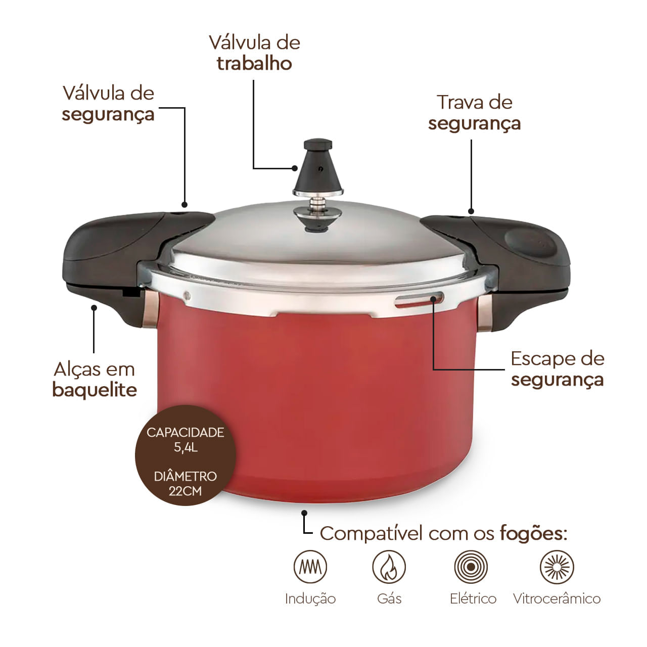 Panela de Pressão Indução Brinox Pressure Antiaderente Ceramic Life 5,4 Litros Borgonha - Imagem 3