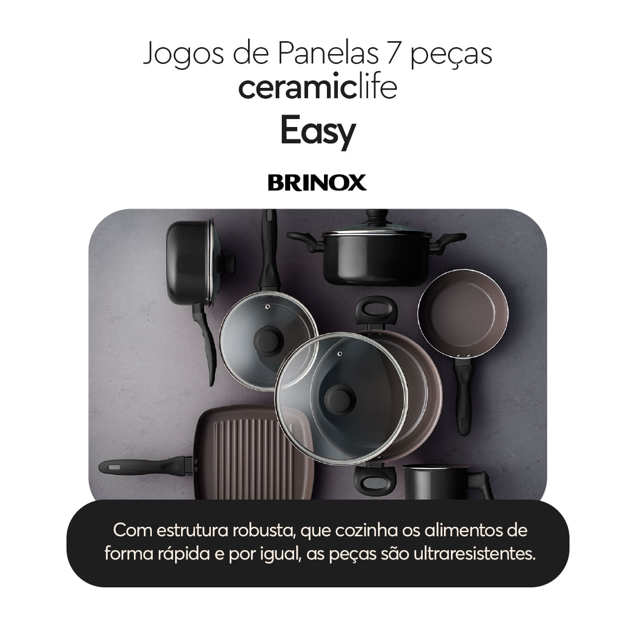 Jogo de Panelas Brinox Antiaderente Ceramic Life 7 Peças Easy Preto - Imagem 2