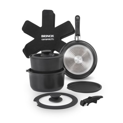 Jogo de Panelas Empilhável Brinox Fit 10 Peças Antiaderente Ceramic Life, Cabo Removível e Fundo de Indução - Preto