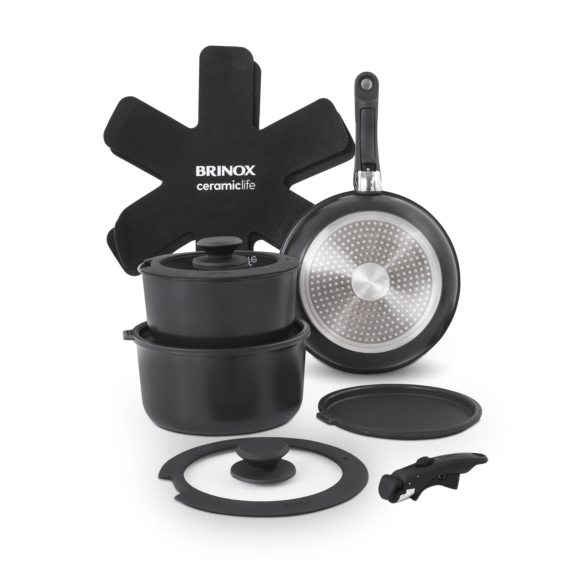 Jogo de Panelas Empilhável Brinox Fit 11 Peças Antiaderente Ceramic Life, Cabo Removível e Fundo de Indução - Preto